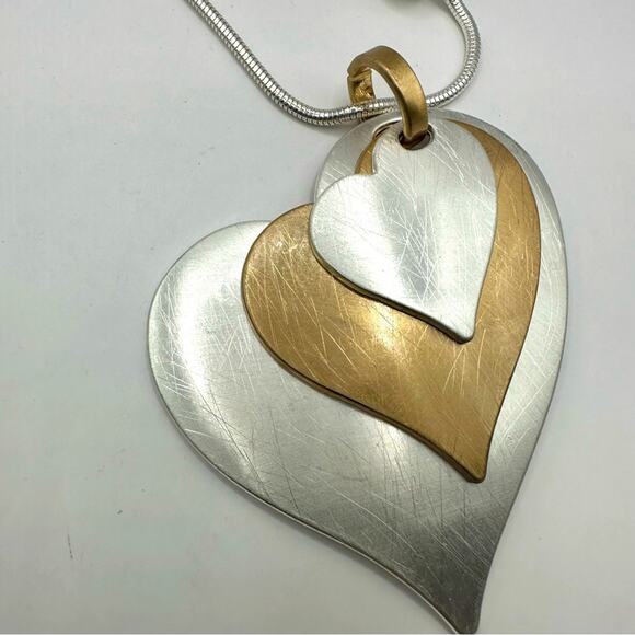 Oversized Silver Tone Heart Pendant Necklace layered Snake Chain Modern Retro - Picture 4 of 9